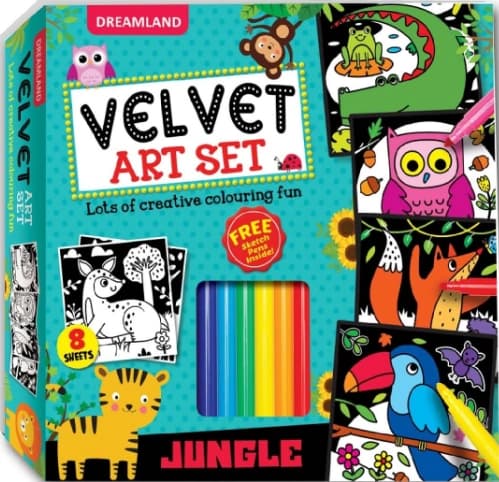 Dreamland Jungle - Velvet Art Set With 10 Free Sketch Pens : Children Colouring Activity Pack Box set by Dreamland Publications