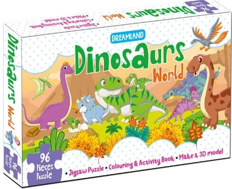 Dreamland Dinosaurs World Jigsaw Puzzle for Kids – 96 Pcs | with Colouring & Activity Book and 3D Model by Dreamland Publications