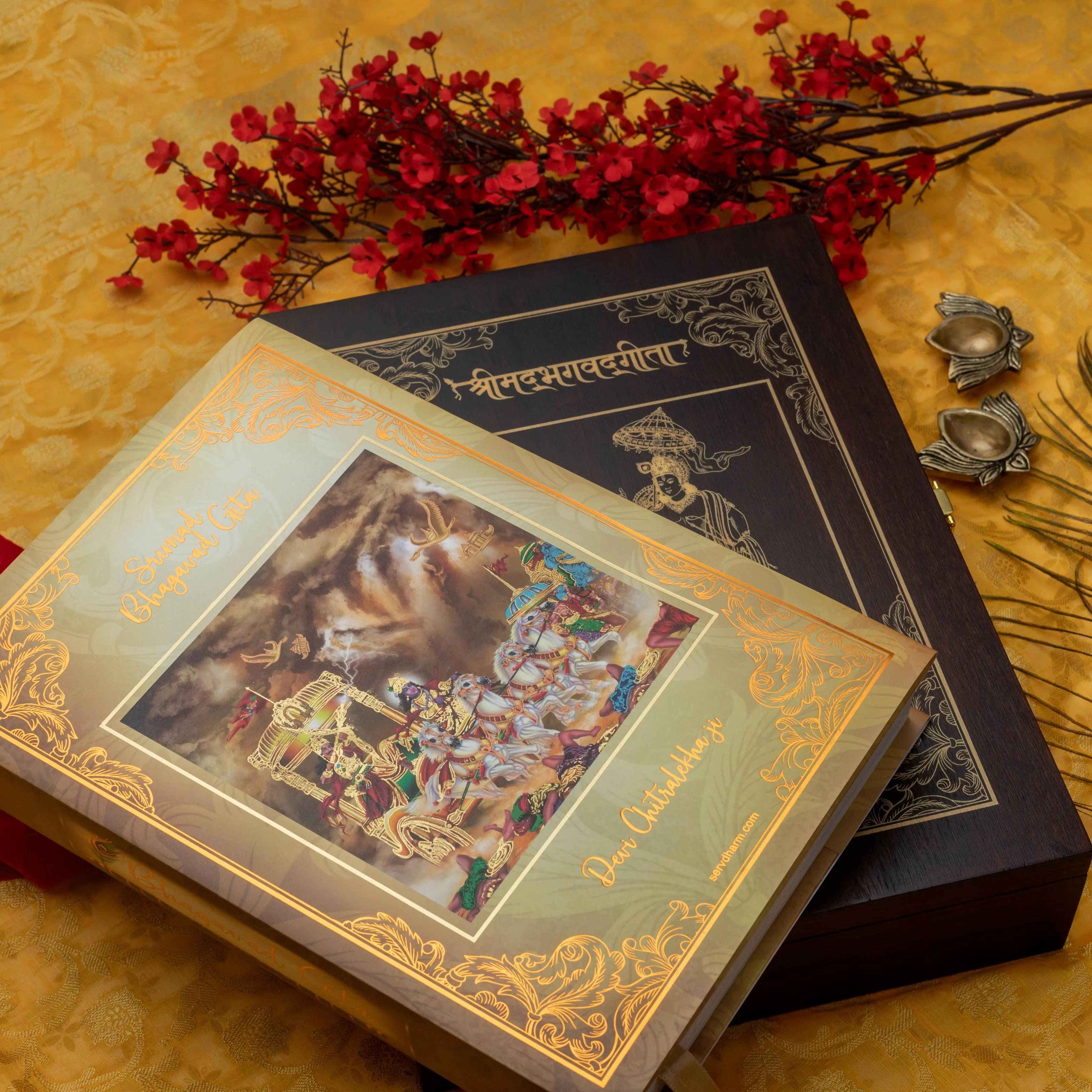 Premium Bhagavad Gita in a Wooden Gift Box- (Lord Krishna and Arjuna Art on Box) Collector's Edition | 700 Original Verses in Sanskrit, Hindi and English Translation by Servdharm